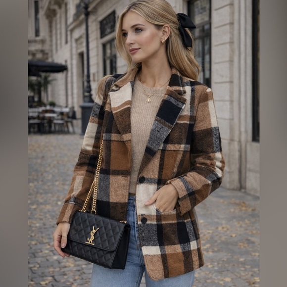 Jackets & Blazers - Plaid Oversized Blazer Jacket Chocolate Brown Neutral Preppy -  Small